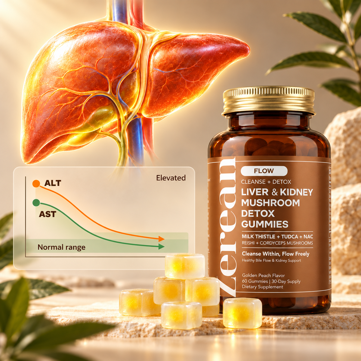 A bottle of Zerean Flow next to a small stack of golden-peach gummies