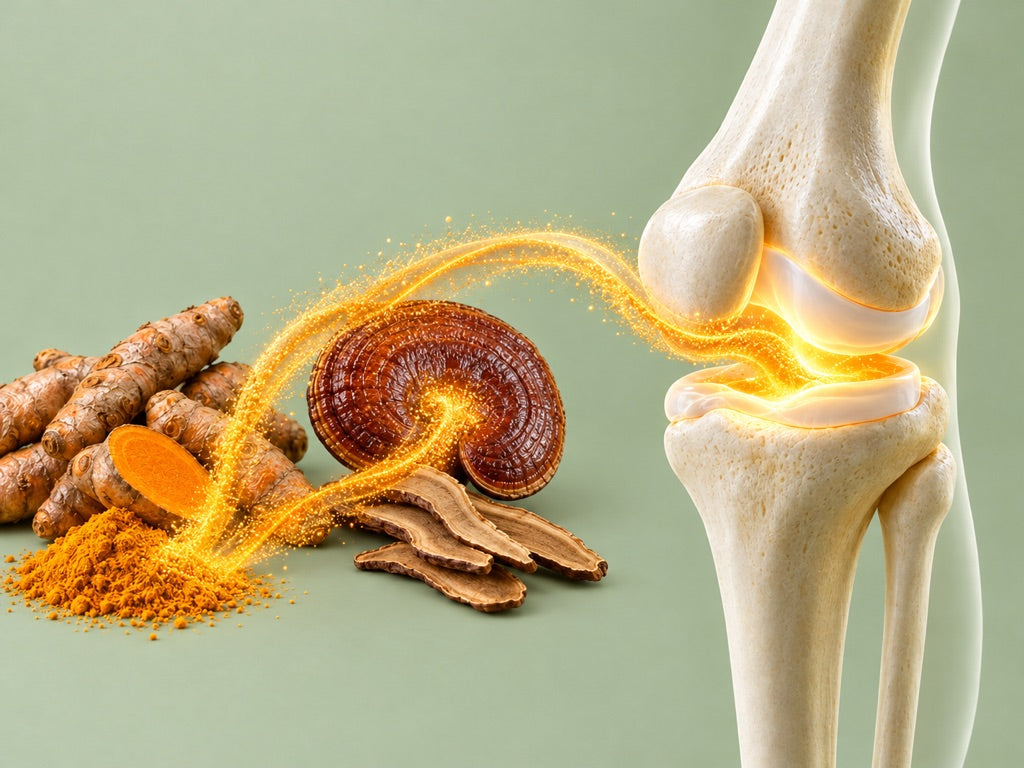 A golden stream flowing from turmeric and reishi into the cartilage of a knee joint