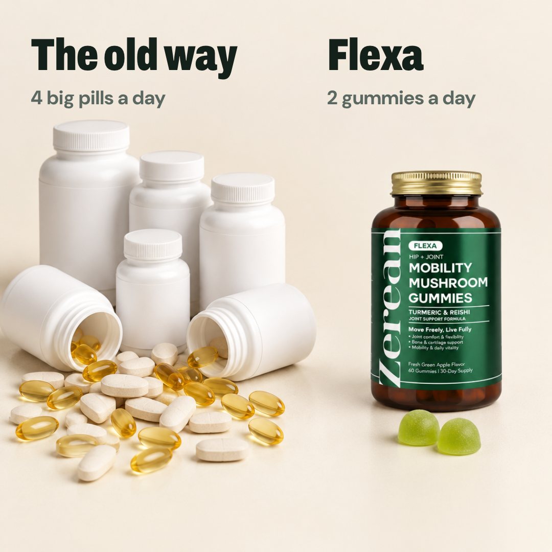 The old way: a pile of joint pill bottles. Flexa: one jar, two gummies a day.